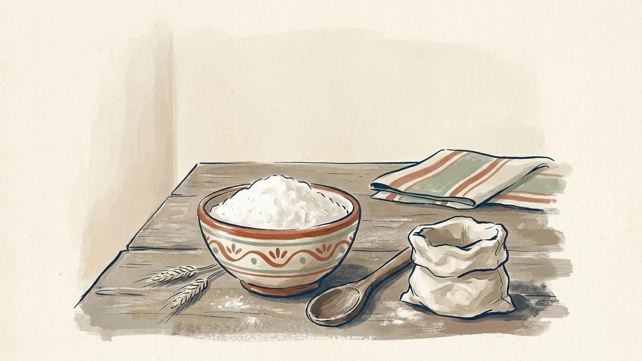 Cuenco de harina, saco, cuchara y dos espigas sobre una mesa de cocina.