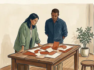 Dos personas adultas observan una composición de papeles en tonos teja y crema sobre una mesa.