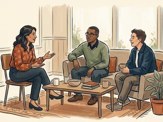 Tres personas conversan en una sala con una mesa baja y una planta.