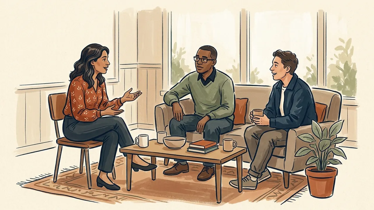 Tres personas conversan en una sala con una mesa baja y una planta.