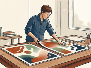 Una persona prepara dos composiciones de formas abstractas sobre una mesa.