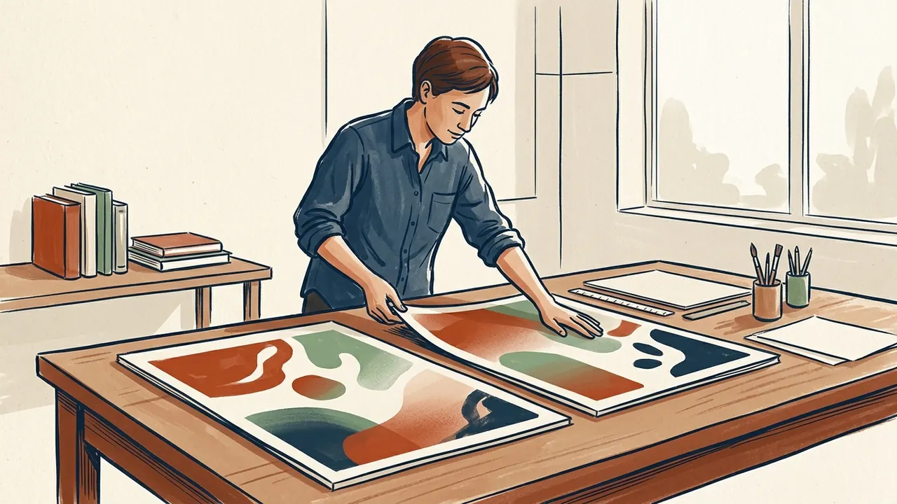 Una persona prepara dos composiciones de formas abstractas sobre una mesa.