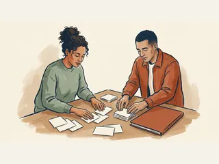 Dos personas adultas organizan tarjetas en blanco y una carpeta sobre una mesa.