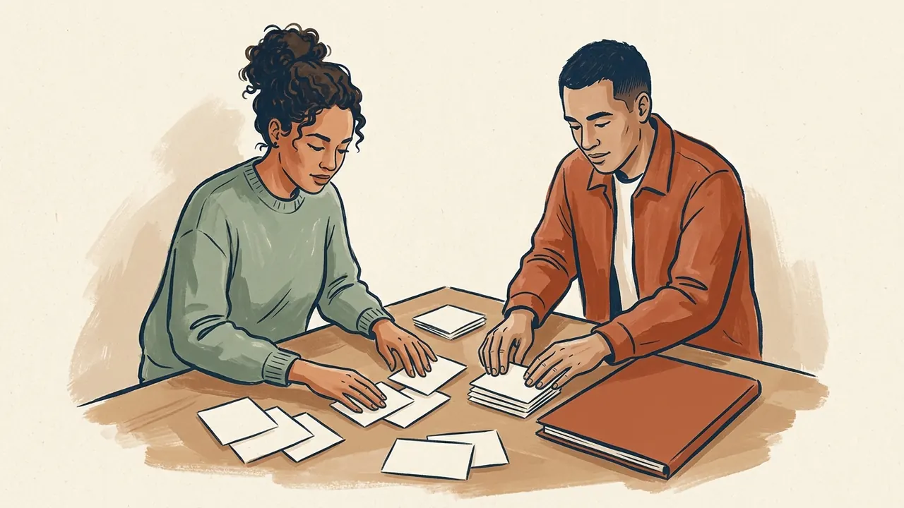 Dos personas adultas organizan tarjetas en blanco y una carpeta sobre una mesa.