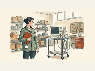 Ingeniera clínica observando un equipo médico apagado en una sala técnica.