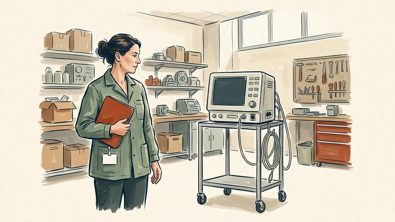 Ingeniera clínica observando un equipo médico apagado en una sala técnica.