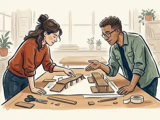 Dos personas comparan maquetas sencillas de pasarelas hechas con cartón.