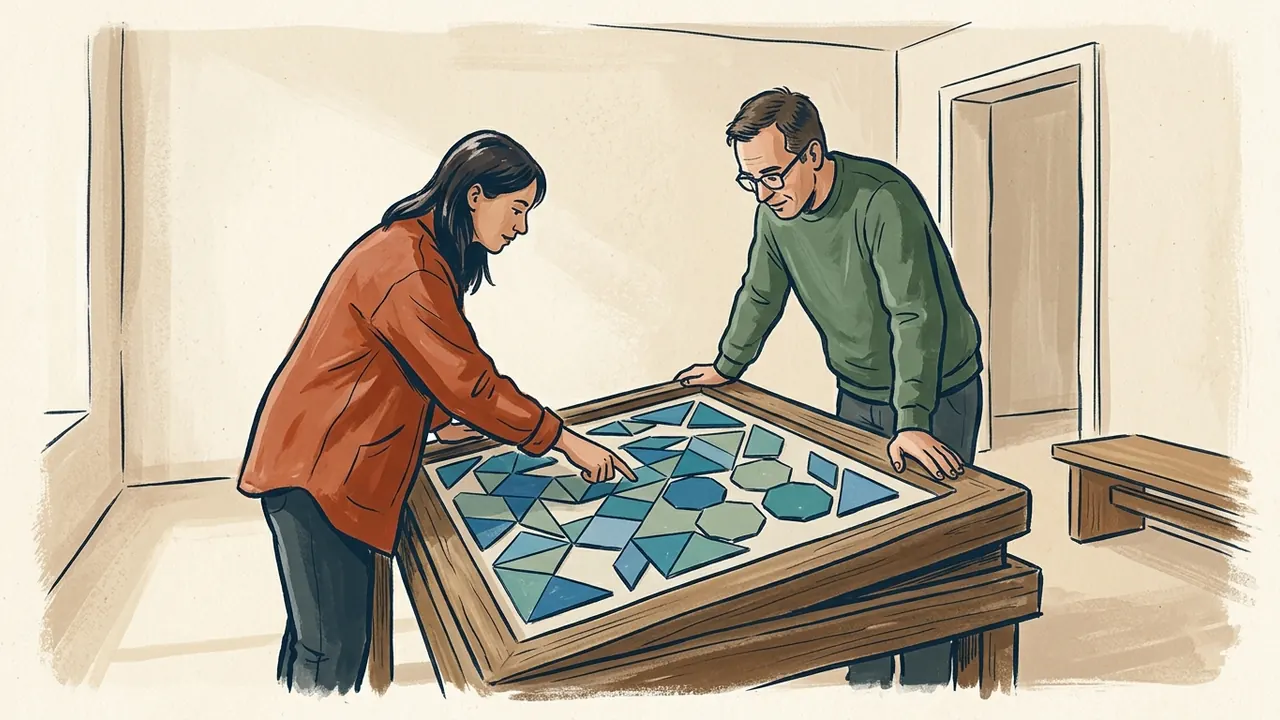 Dos personas observan una composición de figuras geométricas azules y verdes.