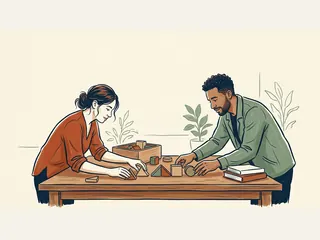 Dos personas ordenan piezas geométricas de madera sobre una mesa.