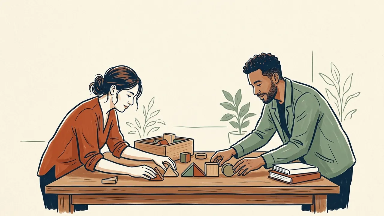 Dos personas ordenan piezas geométricas de madera sobre una mesa.