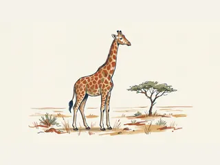 Una jirafa adulta de cuerpo entero junto a una acacia en una sabana ilustrada.