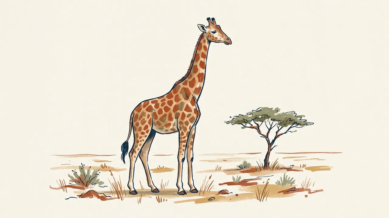 Una jirafa adulta de cuerpo entero junto a una acacia en una sabana ilustrada.