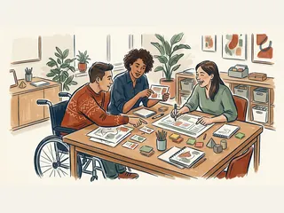 Tres personas organizan un taller; una participa desde su silla de ruedas junto a la mesa.