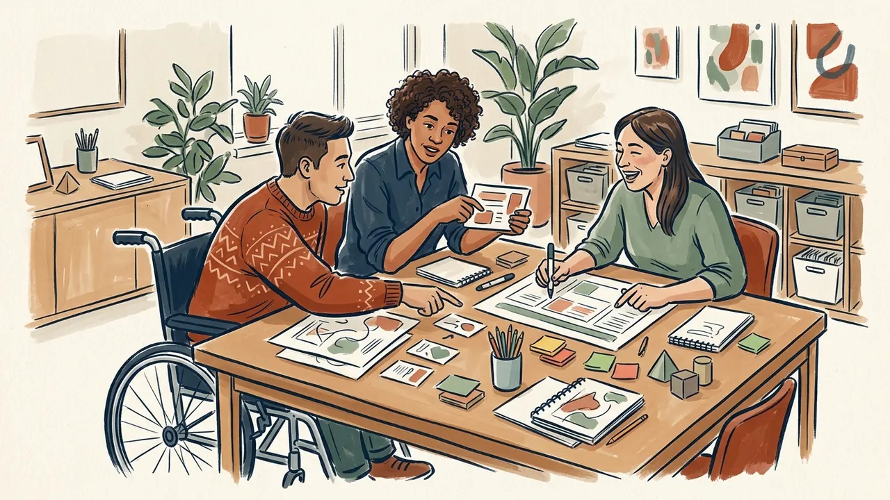 Tres personas organizan un taller; una participa desde su silla de ruedas junto a la mesa.