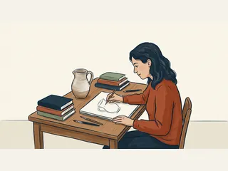 Una persona adulta dibuja una jarra de cerámica junto a libros de cubiertas lisas.