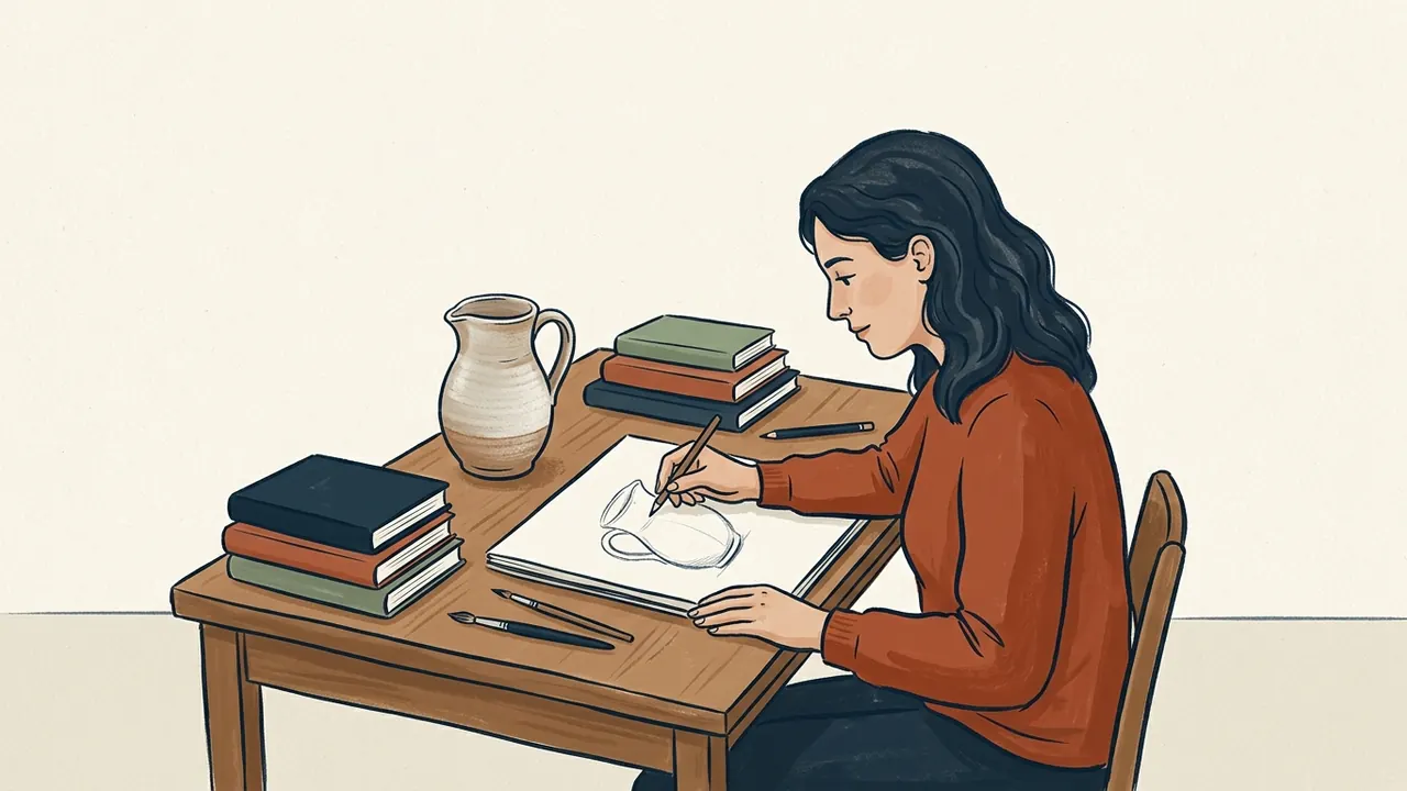 Una persona adulta dibuja una jarra de cerámica junto a libros de cubiertas lisas.