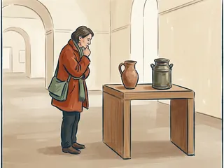 Una persona contempla una jarra y un recipiente metálico en una sala de museo.