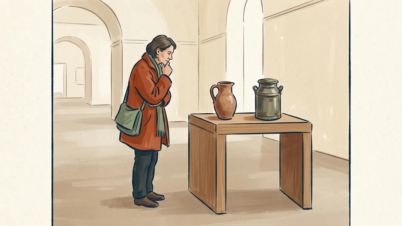 Una persona contempla una jarra y un recipiente metálico en una sala de museo.
