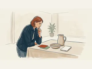 Una persona observa una jarra y un cuenco con copos de avena junto a dos tarjetas de colores.