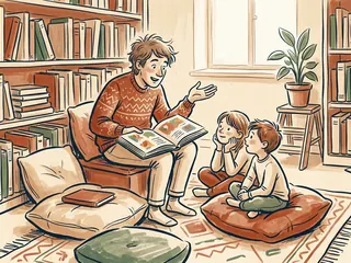 Una persona adulta lee un libro a dos menores sentados sobre cojines en una biblioteca ficticia.