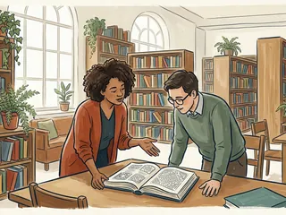 Dos personas observan un libro abierto con ornamentación geométrica en una biblioteca.