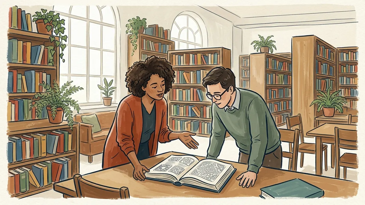 Dos personas observan un libro abierto con ornamentación geométrica en una biblioteca.