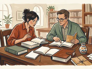 Dos personas comparan libros sin texto visible junto a una pieza cerámica en una biblioteca ficticia.