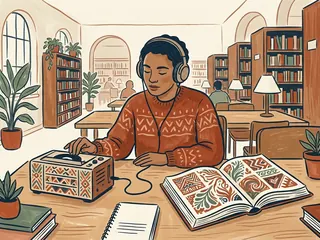 Una persona escucha con auriculares junto a un libro de motivos geométricos y vegetales en una biblioteca.
