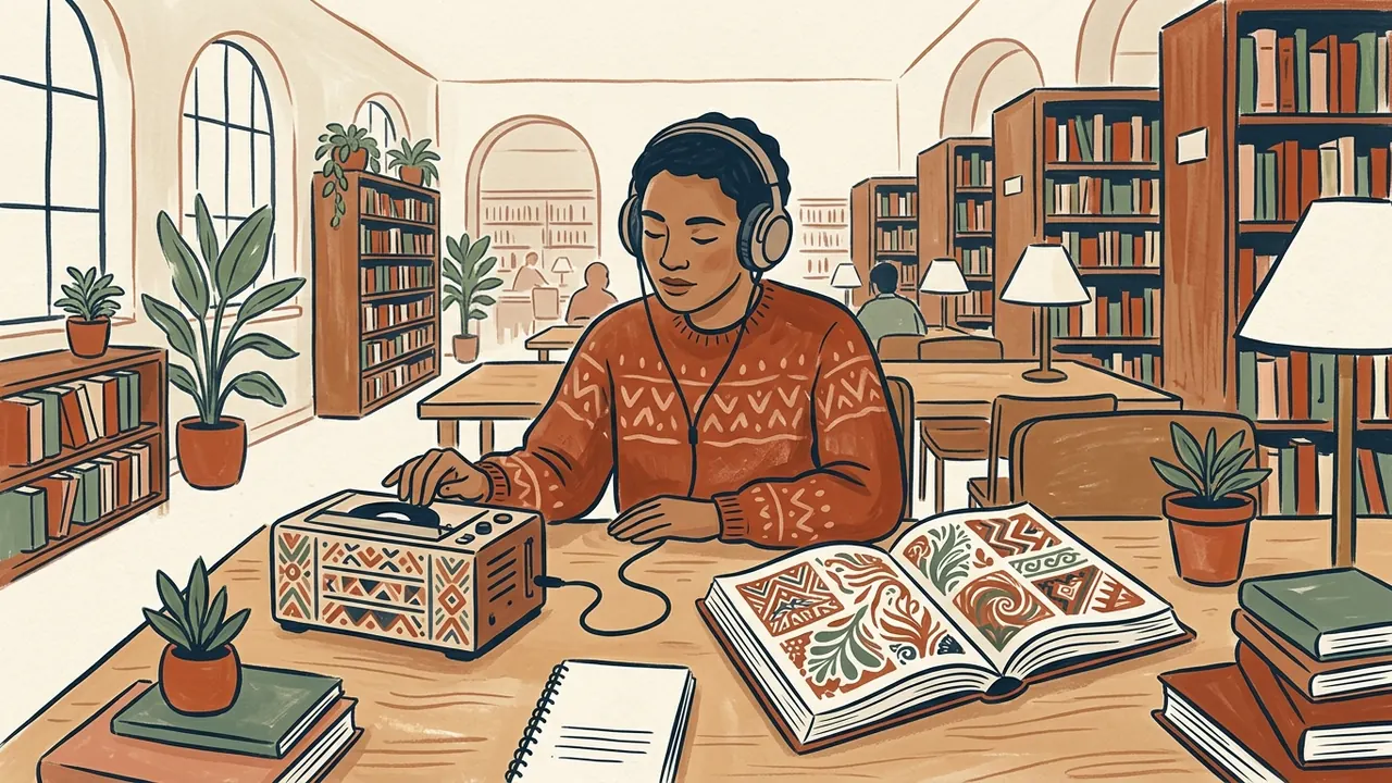 Una persona escucha con auriculares junto a un libro de motivos geométricos y vegetales en una biblioteca.