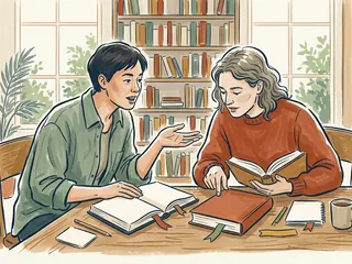 Dos personas conversan sobre libros abiertos en una biblioteca.