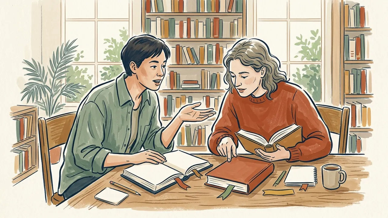 Dos personas conversan sobre libros abiertos en una biblioteca.