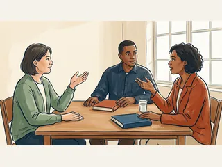 Tres personas conversan alrededor de una mesa con dos libros cerrados.