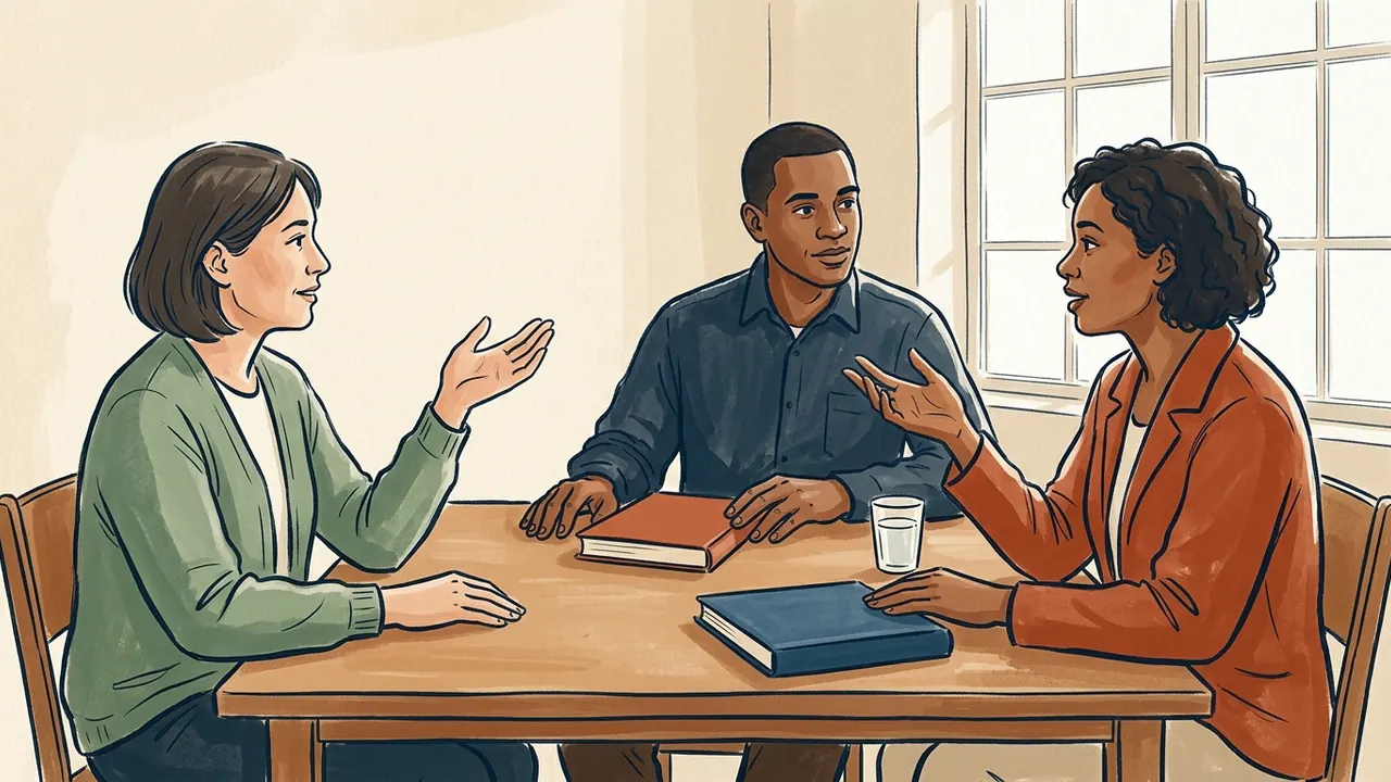 Tres personas conversan alrededor de una mesa con dos libros cerrados.