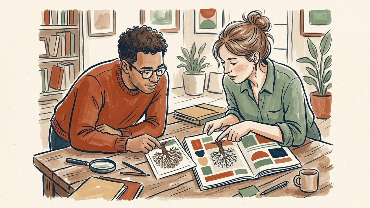Dos personas comparan una imagen de un árbol con su reproducción en una página de composición geométrica.