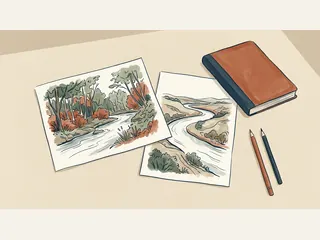 Dos dibujos de riberas imaginarias junto a un cuaderno cerrado y dos lápices.