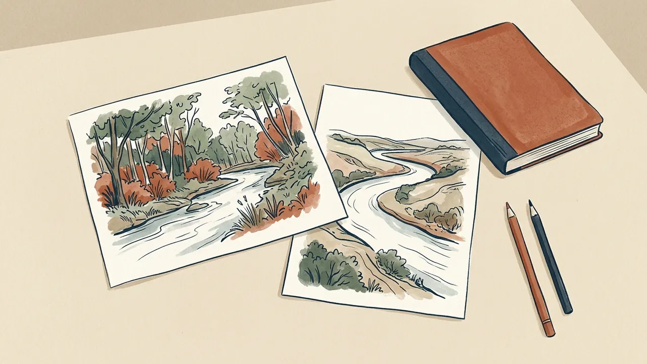 Dos dibujos de riberas imaginarias junto a un cuaderno cerrado y dos lápices.