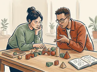Dos personas comparan piezas geométricas de madera sobre una mesa junto a un cuaderno de dibujos.