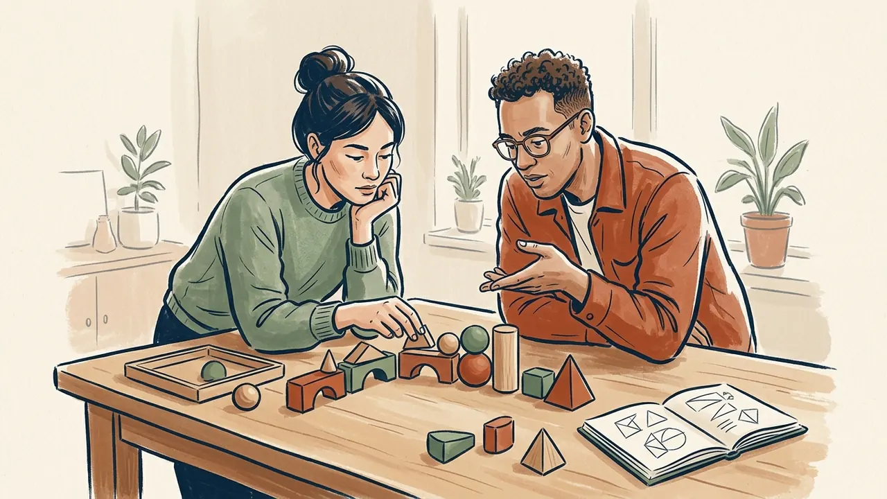 Dos personas comparan piezas geométricas de madera sobre una mesa junto a un cuaderno de dibujos.