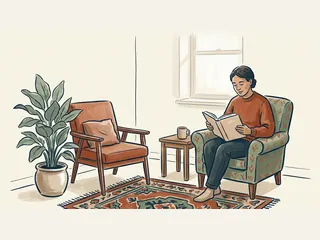 Una persona lee un libro en un sillón, junto a una silla vacía y una planta.