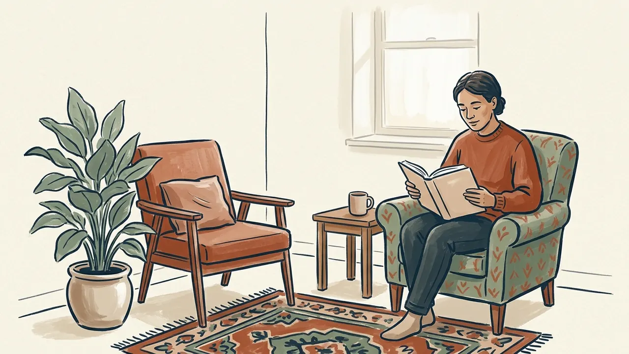 Una persona lee un libro en un sillón, junto a una silla vacía y una planta.