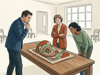 Tres personas adultas contemplan una composición artística de formas curvas sobre una mesa.