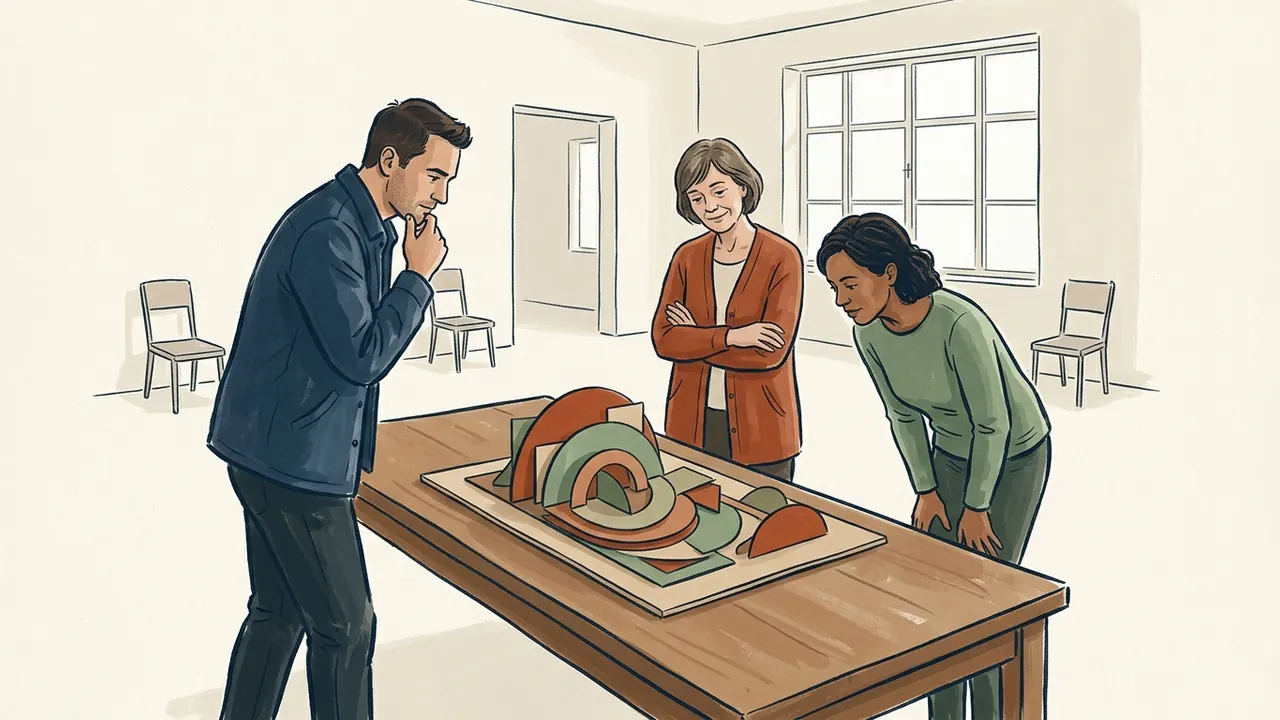 Tres personas adultas contemplan una composición artística de formas curvas sobre una mesa.
