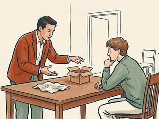 Una persona presenta una caja vacía y una tela sobre una mesa mientras otra observa.
