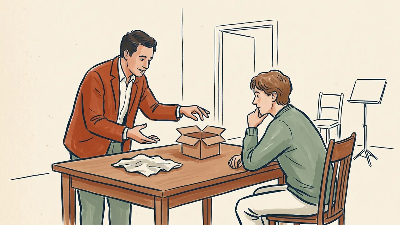 Una persona presenta una caja vacía y una tela sobre una mesa mientras otra observa.