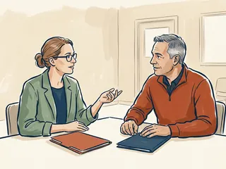 Dos profesionales conversan en una mesa con carpetas cerradas de cubiertas lisas.