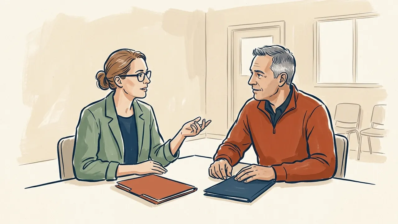 Dos profesionales conversan en una mesa con carpetas cerradas de cubiertas lisas.