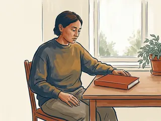 Una persona sentada junto a una ventana observa un libro cerrado sobre la mesa.