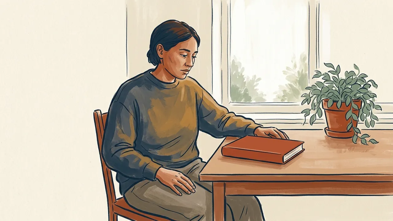 Una persona sentada junto a una ventana observa un libro cerrado sobre la mesa.