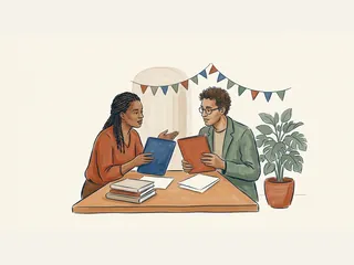 Dos personas adultas conversan y comparan carpetas lisas en una mesa informativa.