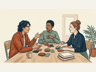 Tres personas adultas conversan alrededor de una mesa con tarjetas lisas y libros.